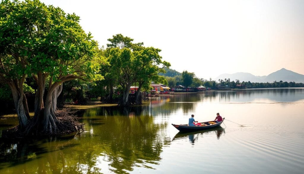 A vibrant, sun-drenched scene of a Vietnamese river delta, its languid waters reflecting the lush, verdant landscapes that line its banks. In the foreground, a small fishing boat drifts lazily, its occupants casting their nets into the clear, shimmering surface. Towering mangrove trees sway gently in the warm breeze, their twisted roots anchored firmly in the muddy soil. The middle ground is filled with the bustling activity of a riverside village, its brightly-colored houses and stilt-supported structures mirrored perfectly in the mirror-like expanse of the river. In the distance, the horizon is punctuated by the silhouettes of distant mountains, their peaks shrouded in a soft, hazy mist. The overall mood is one of tranquility and timelessness, evoking the vital role that water plays in the life and culture of Vietnam. A vibrant, sun-drenched scene of a Vietnamese river delta, its languid waters reflecting the lush, verdant landscapes that line its banks. In the foreground, a small fishing boat drifts lazily, its occupants casting their nets into the clear, shimmering surface. Towering mangrove trees sway gently in the warm breeze, their twisted roots anchored firmly in the muddy soil. The middle ground is filled with the bustling activity of a riverside village, its brightly-colored houses and stilt-supported structures mirrored perfectly in the mirror-like expanse of the river. In the distance, the horizon is punctuated by the silhouettes of distant mountains, their peaks shrouded in a soft, hazy mist. The overall mood is one of tranquility and timelessness, evoking the vital role that water plays in the life and culture of Vietnam.