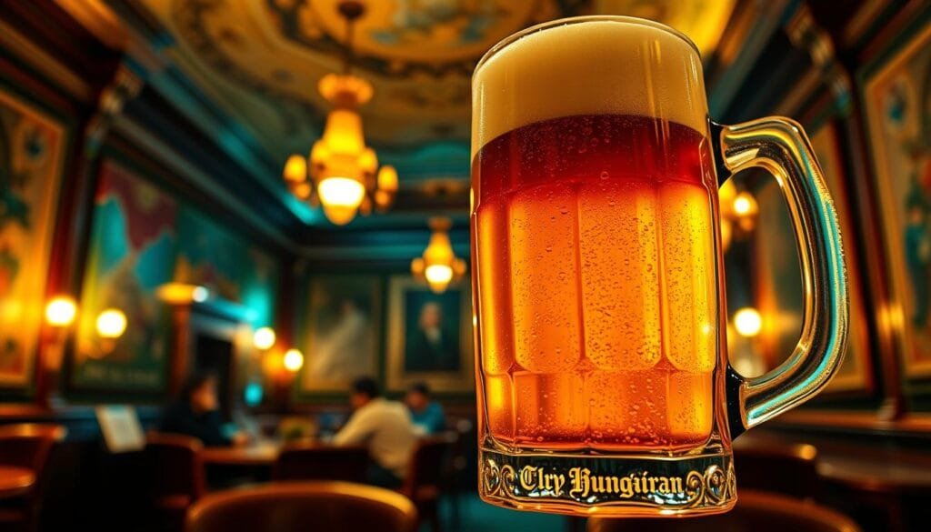 A vibrant, traditional Hungarian beer stein filled to the brim with a rich, golden-hued cerveza, held aloft against a backdrop of a cozy, dimly lit pub interior. The warm, amber lighting casts a inviting glow, highlighting the beer's effervescent bubbles and frothy head. Wooden furnishings, ornate tapestries, and the faint sound of conversation create an intimate, cultural atmosphere. The scene conveys the relaxed, social customs of enjoying a refreshing beverage while immersed in Hungarian hospitality.