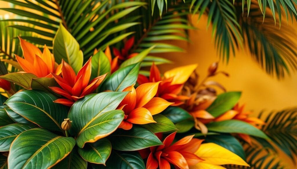 A vibrant, tropical composition featuring a lush, layered arrangement of decorative leaves in a variety of warm, harmonious colors. The foreground showcases an array of large, glossy foliage in shades of emerald, olive, and chartreuse, artfully overlapping and intertwining. The middle ground introduces bold splashes of crimson, ochre, and burnt sienna, adding depth and visual interest. The background gently fades into a soft, diffused gradient of golden hues, creating a sense of warmth and natural illumination. The overall scene is captured with a shallow depth of field, drawing the viewer's eye to the intricate textures and vivid palette of the tropical flora. The mood is one of lush, vibrant elegance, evoking the spirit of a breezy, sunlit paradise.