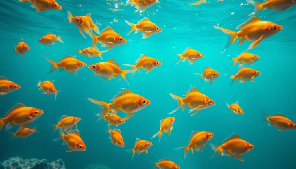 A vibrant underwater scene showcasing the optical flow behavior of a school of captivating goldfish (Carassius auratus). The fish are elegantly gliding through the crystal-clear water, their dynamic movements creating a mesmerizing visual effect. The lighting is soft and diffused, highlighting the brilliant golden hues and intricate fin structures of the fish. The composition features a focus on the foreground, with the fish occupying the central area, while the middle ground and background contain a minimal, subdued environment that allows the subjects to take center stage. The overall atmosphere conveys a sense of intelligence, learning, and the remarkable cognitive abilities of these remarkable freshwater creatures. A vibrant underwater scene showcasing the optical flow behavior of a school of captivating goldfish (Carassius auratus). The fish are elegantly gliding through the crystal-clear water, their dynamic movements creating a mesmerizing visual effect. The lighting is soft and diffused, highlighting the brilliant golden hues and intricate fin structures of the fish. The composition features a focus on the foreground, with the fish occupying the central area, while the middle ground and background contain a minimal, subdued environment that allows the subjects to take center stage. The overall atmosphere conveys a sense of intelligence, learning, and the remarkable cognitive abilities of these remarkable freshwater creatures.