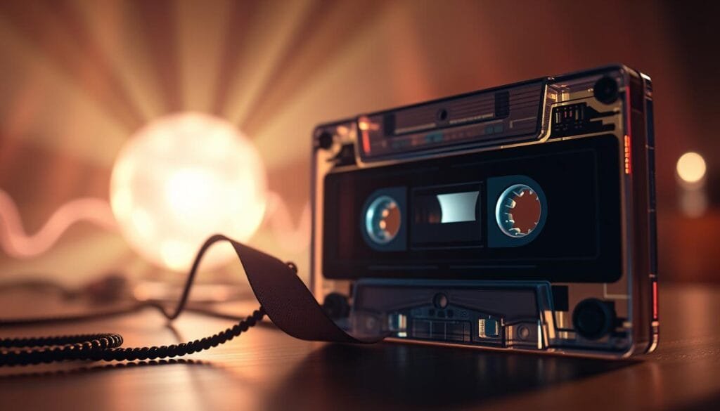 A vibrant visualization of "minutos audio", showcasing the translation of digital storage capacity into tangible audio duration. In the foreground, a tactile audio cassette tape unfurls, representing the physicality of analog storage. The middle ground features a digital waveform, symbolizing the digital transformation of audio data. In the background, a glowing sphere depicts the concentrated information density of DNA storage, hinting at the article's central theme. Warm lighting and a soft, ethereal atmosphere evoke a sense of wonder and the timeless nature of audio preservation. Technical details such as a shallow depth of field and a cinematic camera angle further enhance the conceptual narrative.