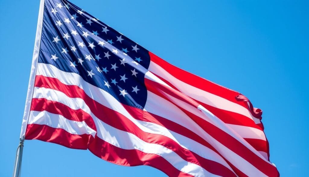 A vibrant, waving American flag fills the frame, its stars and stripes shimmering in the midday sun. The stars stand out in sharp, detailed contrast, each one a precise geometric shape. The stripes flow gracefully, their crimson and pristine white hues evoking a sense of patriotism and national pride. The flag appears to billow gently, as if caught in a gentle breeze, casting subtle shadows and highlights across its surface. The background is a clear, azure sky, allowing the flag to take center stage and command the viewer's attention. The overall composition is balanced and visually striking, capturing the enduring symbolism and significance of the American flag.