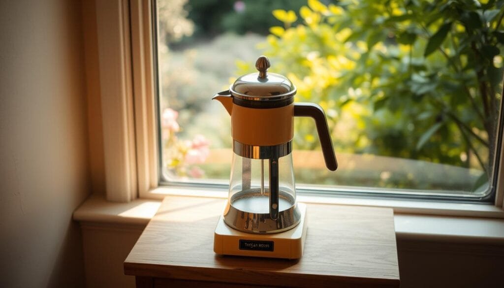 A vintage beige-colored Trojan Room coffee pot, its glass carafe and chrome accents glistening under warm, natural lighting. The pot sits atop a simple wooden table, framed by a window overlooking a lush, verdant garden. A sense of tranquility and nostalgia fills the scene, hinting at the humble origins of the world's first webcam - created to monitor the status of this unassuming coffee maker at the University of Cambridge in the early 1990s.