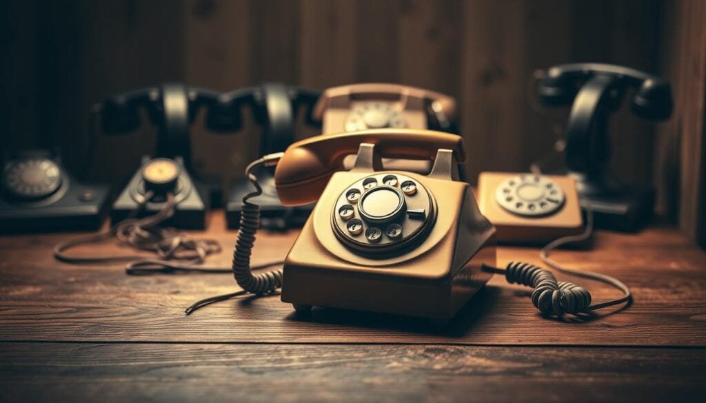 A vintage landline telephone on a wooden table, against a backdrop of old-fashioned telephones and coiled cords cascading from the table's edge. The warm, muted lighting casts a nostalgic glow, evoking the era before mobile communication. Soft shadows and subtle details in the foreground and middle ground draw the eye to the central telephone, a symbol of the "telefonemas" that preceded the advent of SMS messaging. The overall composition has a timeless, analog feel, capturing the historical transition from traditional voice calls to the digital age of texting.