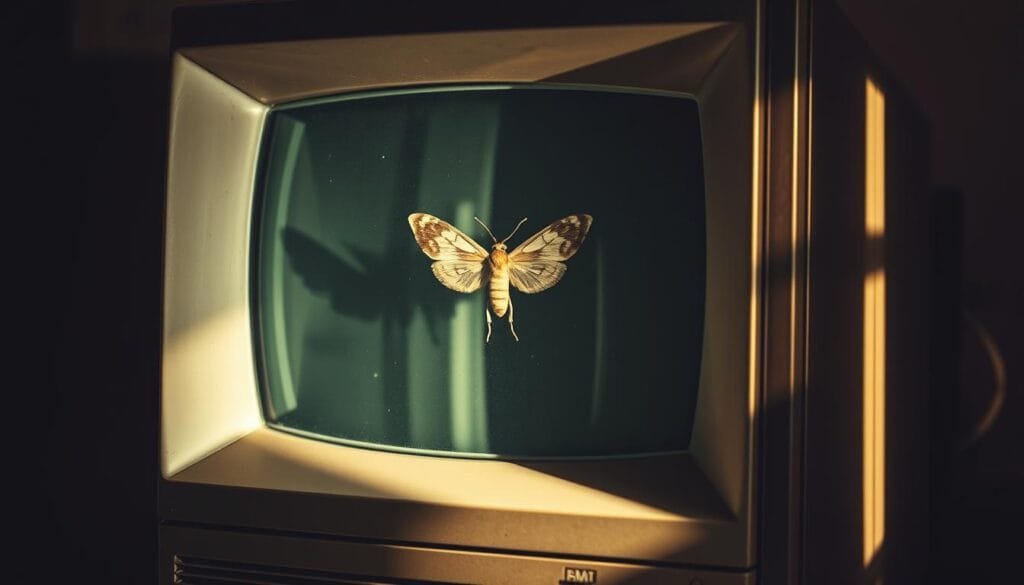 A vintage-style photograph of a large, antique desktop computer with a glass enclosure, illuminated from within to reveal a trapped moth fluttering against the screen. The computer's metallic exterior has a worn, aged patina, evoking a sense of history. Soft, warm lighting casts dramatic shadows, creating an atmospheric, almost sepia-toned effect. The moth, its delicate wings contrasting with the machine's rigid form, represents the origin of the term "computer bug." The composition focuses on the interplay between the organic and the technological, inviting the viewer to ponder the humble beginnings of modern computing. A vintage-style photograph of a large, antique desktop computer with a glass enclosure, illuminated from within to reveal a trapped moth fluttering against the screen. The computer's metallic exterior has a worn, aged patina, evoking a sense of history. Soft, warm lighting casts dramatic shadows, creating an atmospheric, almost sepia-toned effect. The moth, its delicate wings contrasting with the machine's rigid form, represents the origin of the term "computer bug." The composition focuses on the interplay between the organic and the technological, inviting the viewer to ponder the humble beginnings of modern computing.