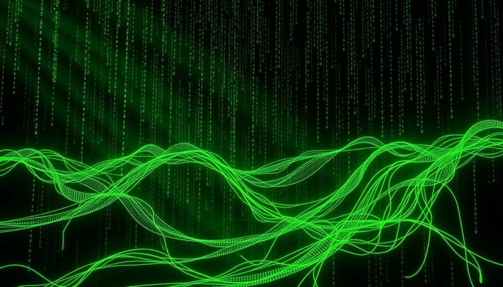 A visually striking digital landscape, with cascading streams of glowing green code against a dark, futuristic backdrop. The code flows organically, like sushi noodles, creating a sense of movement and depth. Shafts of soft, directional lighting pierce the shadows, illuminating the elegant, undulating lines of code. The overall composition suggests a striking balance between technology and culinary art, hinting at the hidden connections between the "código verde" and the art of sushi making. A thought-provoking and imaginative interpretation of the iconic "Matrix" visual motif.