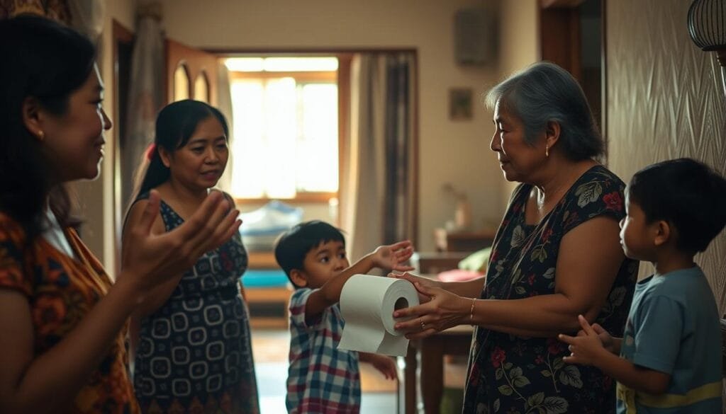 A warm, natural-lit scene depicting everyday gestures and courtesies in a Filipino household. In the foreground, two women gesture animatedly as they converse, their hands moving with fluid, expressive motions. In the middle ground, a young child politely receives a roll of toilet paper from an elder, a common polite gesture. The background shows a cozy, lived-in interior with modest furnishings, hinting at the cultural context. The overall mood is one of casual intimacy and quiet, familiar routines, capturing the essence of "gestos cotidianos" in the Philippines. A warm, natural-lit scene depicting everyday gestures and courtesies in a Filipino household. In the foreground, two women gesture animatedly as they converse, their hands moving with fluid, expressive motions. In the middle ground, a young child politely receives a roll of toilet paper from an elder, a common polite gesture. The background shows a cozy, lived-in interior with modest furnishings, hinting at the cultural context. The overall mood is one of casual intimacy and quiet, familiar routines, capturing the essence of "gestos cotidianos" in the Philippines.