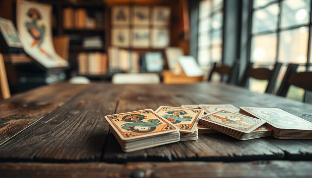 A well-worn wooden table, the surface marked by the passage of time, serves as the stage for an array of traditional Japanese playing cards, or "cartas." The cards are meticulously rendered, each with its own intricate design and vibrant hues, capturing the essence of a bygone era. The lighting is soft and warm, creating a cozy, nostalgic atmosphere, as if the viewer has been transported to a quaint shop or a quiet study. The background is slightly blurred, allowing the cards to take center stage, their timeless beauty and craftsmanship the focal point of this image. A well-worn wooden table, the surface marked by the passage of time, serves as the stage for an array of traditional Japanese playing cards, or "cartas." The cards are meticulously rendered, each with its own intricate design and vibrant hues, capturing the essence of a bygone era. The lighting is soft and warm, creating a cozy, nostalgic atmosphere, as if the viewer has been transported to a quaint shop or a quiet study. The background is slightly blurred, allowing the cards to take center stage, their timeless beauty and craftsmanship the focal point of this image.