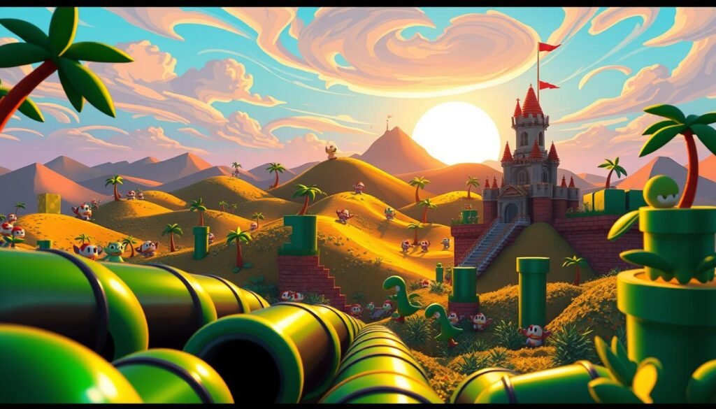 A whimsical, pixelated landscape of the iconic Super Mario Land world, bathed in a warm, sunset glow. In the foreground, the familiar green pipes, bouncing Goombas, and a towering, blocky castle. The middle ground features rolling hills dotted with palm trees and question mark blocks. In the background, a vibrant, painted sky with swirling clouds. The scene is rendered in a retro, 8-bit art style, capturing the nostalgia and charm of this classic Nintendo franchise. A wide-angle, cinematic perspective showcases the depth and scope of this beloved gaming universe.