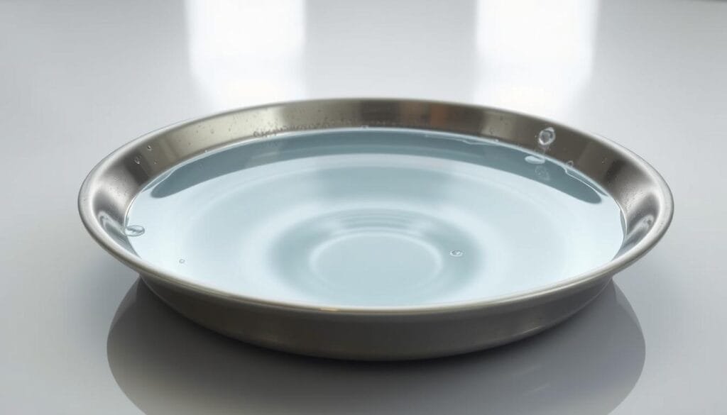 A wide, polished metal vessel filled with clear, still water, positioned on a reflective surface. The water appears to be at a precise, delicate equilibrium, poised between a state of boiling and freezing. Soft, diffuse lighting illuminates the scene, creating a serene, contemplative atmosphere. The surrounding environment is minimalist and unobtrusive, allowing the vessel and its contents to be the focal point. Subtle details, such as condensation on the metal surface or slight ripples in the water, hint at the complex, paradoxical nature of the "Mpemba effect" being depicted. A wide, polished metal vessel filled with clear, still water, positioned on a reflective surface. The water appears to be at a precise, delicate equilibrium, poised between a state of boiling and freezing. Soft, diffuse lighting illuminates the scene, creating a serene, contemplative atmosphere. The surrounding environment is minimalist and unobtrusive, allowing the vessel and its contents to be the focal point. Subtle details, such as condensation on the metal surface or slight ripples in the water, hint at the complex, paradoxical nature of the "Mpemba effect" being depicted.