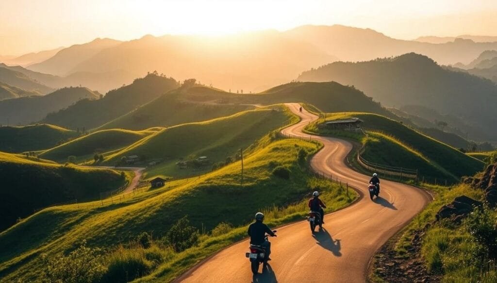 A winding road winds through lush, verdant hills, as viajeros (travelers) on motorbikes explore the stunning Thakhek Loop in Laos. The sun casts a warm, golden glow, illuminating the rolling landscapes and distant mountains. In the foreground, the motorbikes weave through the curving path, their riders taking in the breathtaking vistas. The middle ground features small villages and traditional structures, while the background is dominated by the rugged, hazy peaks of the surrounding mountains. The scene conveys a sense of adventure, freedom, and immersion in the natural beauty of this captivating region, known as the "land of a million elephants."