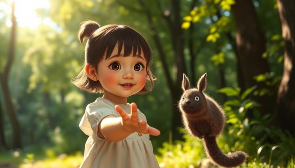 A young girl with chubby cheeks and big, curious eyes stands in a sunlit forest clearing, her hand outstretched towards a small, furry creature with pointed ears and a long, bushy tail. The girl's expression is one of wonder and delight, as if she has discovered a new, magical friend. The background is filled with lush, verdant foliage and gentle, dappled light, creating a sense of warmth and enchantment. The scene is captured with a soft, nostalgic lens, conveying the innocent and whimsical nature of the encounter between the girl, Mei Satsuki, and the creature that would become known as Totoro.