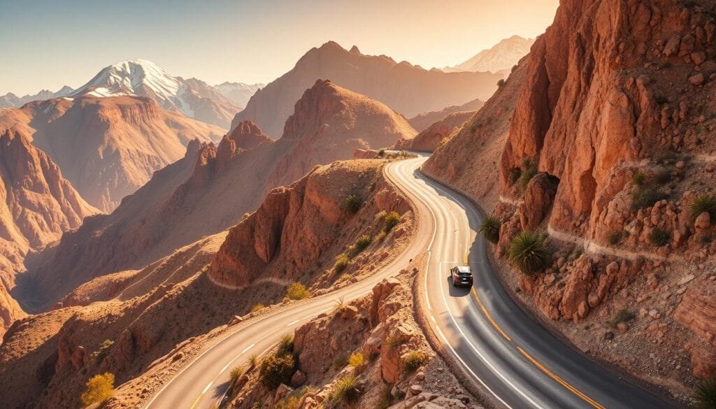 An asphalt highway winds through the rugged, sun-drenched landscape of southern Africa, hugging towering cliffs and plunging ravines. Dramatic mountain peaks pierce the horizon, their snow-capped summits glowing in the warm, golden light. Twisting turns and steep gradients challenge drivers, as the road climbs ever higher towards the clouds. Sparse vegetation clings to the rocky terrain, casting long shadows across the winding tarmac. A lone car navigates this epic, awe-inspiring route, a testament to human ingenuity and the pursuit of adventure in one of the world's most extreme environments. An asphalt highway winds through the rugged, sun-drenched landscape of southern Africa, hugging towering cliffs and plunging ravines. Dramatic mountain peaks pierce the horizon, their snow-capped summits glowing in the warm, golden light. Twisting turns and steep gradients challenge drivers, as the road climbs ever higher towards the clouds. Sparse vegetation clings to the rocky terrain, casting long shadows across the winding tarmac. A lone car navigates this epic, awe-inspiring route, a testament to human ingenuity and the pursuit of adventure in one of the world's most extreme environments.