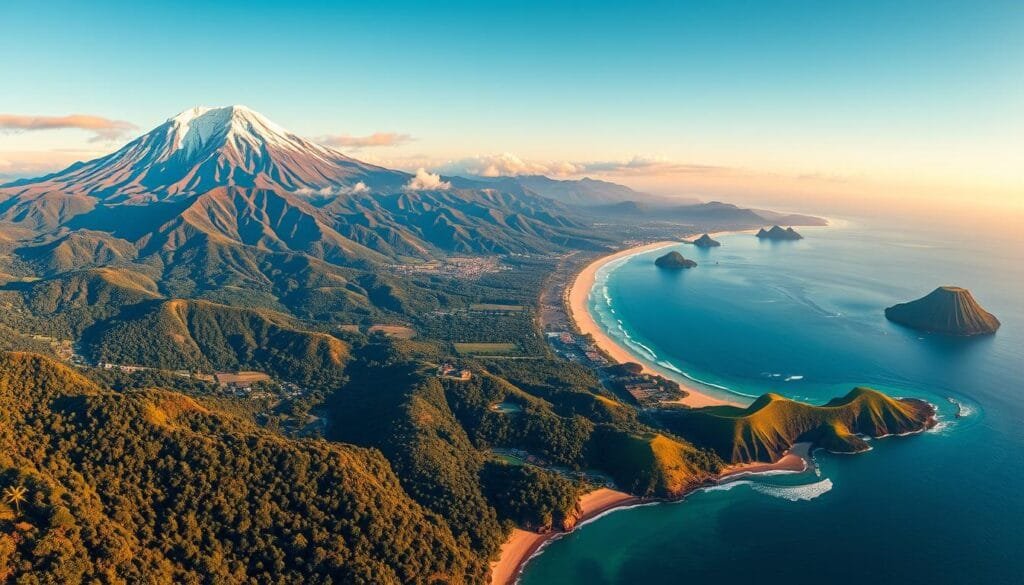 An awe-inspiring panorama of Ecuador's diverse regions, showcasing the majestic Andes mountains, the lush Amazonian rainforest, the serene Pacific coastline, and the enchanting Galapagos Islands. The foreground depicts the contrasting landscapes, with snow-capped peaks, dense foliage, sandy beaches, and volcanic archipelagos. The middle ground features vibrant colors, intricate textures, and a sense of depth, while the background is bathed in warm, golden light, creating a harmonious and breathtaking scene. The image conveys the country's stunning natural beauty and the unity of its four distinct regions, capturing the essence of Ecuador's unparalleled biodiversity.