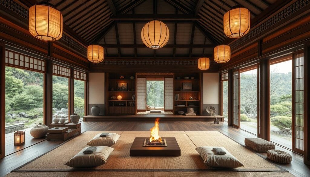 An expansive Korean ondol-heated home nestled in a lush, verdant landscape. The interior features intricate wood paneling, plush floor cushions, and a centrally placed hearth glowing with a warm, amber light. Soft paper lanterns cast a gentle illumination, creating a cozy, intimate atmosphere. Elegant hanji screens partition the space, allowing glimpses of an adjacent room. Ornate pottery, delicate ceramics, and traditional artwork adorn the shelves and alcoves. Woven mats and intricate rugs cover the heated floors, while large windows offer sweeping views of a serene garden oasis. This harmonious blend of natural elements and traditional Korean design evokes a sense of timeless, tranquil domesticity. An expansive Korean ondol-heated home nestled in a lush, verdant landscape. The interior features intricate wood paneling, plush floor cushions, and a centrally placed hearth glowing with a warm, amber light. Soft paper lanterns cast a gentle illumination, creating a cozy, intimate atmosphere. Elegant hanji screens partition the space, allowing glimpses of an adjacent room. Ornate pottery, delicate ceramics, and traditional artwork adorn the shelves and alcoves. Woven mats and intricate rugs cover the heated floors, while large windows offer sweeping views of a serene garden oasis. This harmonious blend of natural elements and traditional Korean design evokes a sense of timeless, tranquil domesticity.