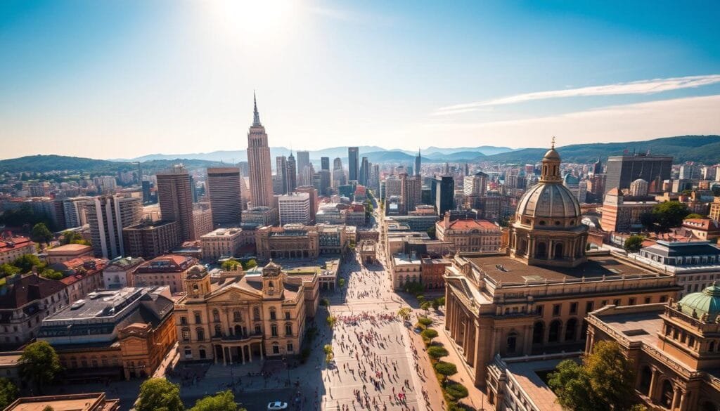 An expansive cityscape of towering skyscrapers, historic cathedrals, and vibrant plazas. Sunlight dances across the architectural wonders, illuminating intricate details and textures. In the foreground, pedestrians stroll along bustling streets, while in the distance, verdant hills and a clear azure sky frame the urban landscape. The scene exudes a sense of wonder and discovery, inviting the viewer to explore the hidden gems and unexpected delights that this remarkable city holds. An expansive cityscape of towering skyscrapers, historic cathedrals, and vibrant plazas. Sunlight dances across the architectural wonders, illuminating intricate details and textures. In the foreground, pedestrians stroll along bustling streets, while in the distance, verdant hills and a clear azure sky frame the urban landscape. The scene exudes a sense of wonder and discovery, inviting the viewer to explore the hidden gems and unexpected delights that this remarkable city holds.