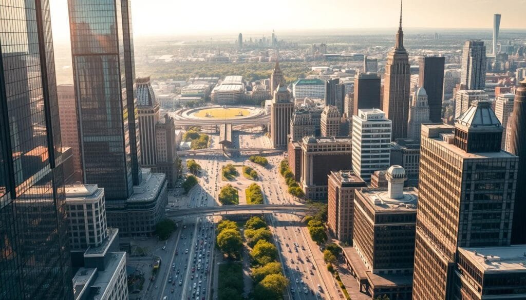 An expansive cityscape with towering skyscrapers reaching for the sky, their glass facades glistening in the warm, golden sunlight. Bustling streets teeming with a diverse array of people, cars, and public transportation weaving through the urban landscape. In the distance, a network of elevated highways and rail lines connect this vibrant metropolitan hub, creating a sense of hyper-connectivity. The skyline is punctuated by lush, verdant parks and plazas, offering pockets of tranquility amidst the dynamic energy. Capture the dynamic, thriving essence of a modern, densely populated city, conveying the scale, density, and modernity that defines this demographic and urban center. An expansive cityscape with towering skyscrapers reaching for the sky, their glass facades glistening in the warm, golden sunlight. Bustling streets teeming with a diverse array of people, cars, and public transportation weaving through the urban landscape. In the distance, a network of elevated highways and rail lines connect this vibrant metropolitan hub, creating a sense of hyper-connectivity. The skyline is punctuated by lush, verdant parks and plazas, offering pockets of tranquility amidst the dynamic energy. Capture the dynamic, thriving essence of a modern, densely populated city, conveying the scale, density, and modernity that defines this demographic and urban center.