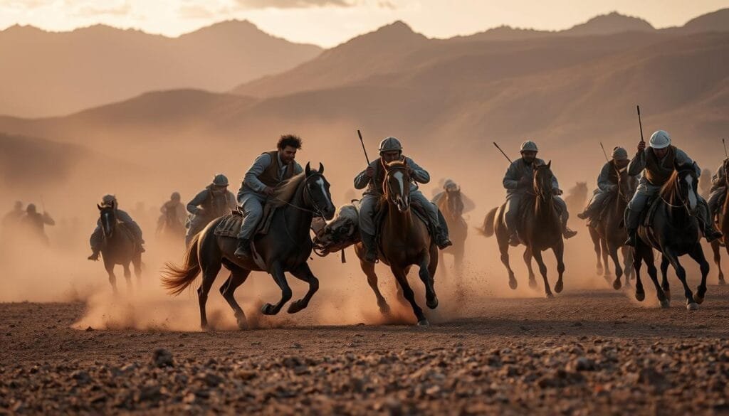 An expansive field with a dramatic backdrop of jagged mountains, the sky tinged with a warm, golden hue. In the center, two teams of skilled horsemen engage in a fierce contest, chasing and grappling for the prize - the carcass of a goat. Dust swirls around them as their horses gallop across the terrain, their riders leaning perilously close to the ground, their expressions intense with determination. The scene is a captivating display of physical prowess, cultural tradition, and the raw energy of this ancient sport - buzkashi, the national game of Afghanistan.