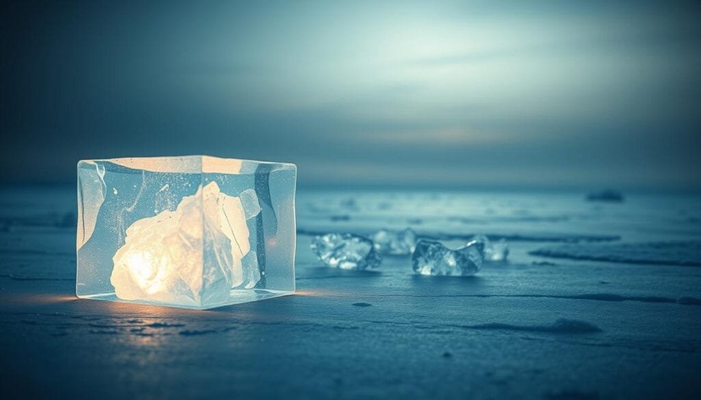 An image of the water's "triple point" - a precise temperature and pressure where its solid, liquid, and gaseous phases coexist in equilibrium. In the foreground, a glowing block of ice, water, and vapor emanate a soft, ethereal light. The middle ground features intricate hexagonal ice crystal formations, hinting at the complex molecular structure. In the background, a stark, minimalist landscape with a gradient sky, conveying the scientific nature of the scene. Crisp, high-resolution, photorealistic, 4K, detailed, elegant, chiaroscuro lighting. An image of the water's "triple point" - a precise temperature and pressure where its solid, liquid, and gaseous phases coexist in equilibrium. In the foreground, a glowing block of ice, water, and vapor emanate a soft, ethereal light. The middle ground features intricate hexagonal ice crystal formations, hinting at the complex molecular structure. In the background, a stark, minimalist landscape with a gradient sky, conveying the scientific nature of the scene. Crisp, high-resolution, photorealistic, 4K, detailed, elegant, chiaroscuro lighting.