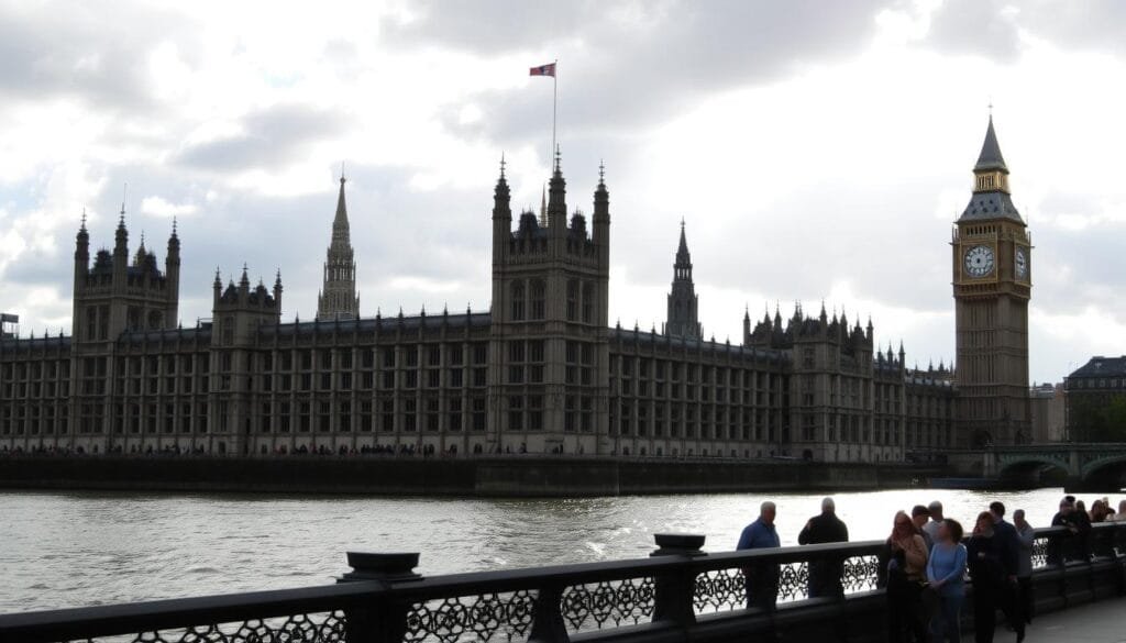 An imposing neogothic structure stands tall, its spires and turrets adorned with intricate details. The Palacio de Westminster, home to the British Parliament, casts a majestic silhouette against a cloudy sky. Sunlight filters through the ornate windows, illuminating the grand facade. In the foreground, a group of people stroll along the River Thames, their reflections dancing on the calm waters. The scene exudes a sense of historic grandeur, capturing the essence of the United Kingdom's political heart and its iconic architectural landmarks.
