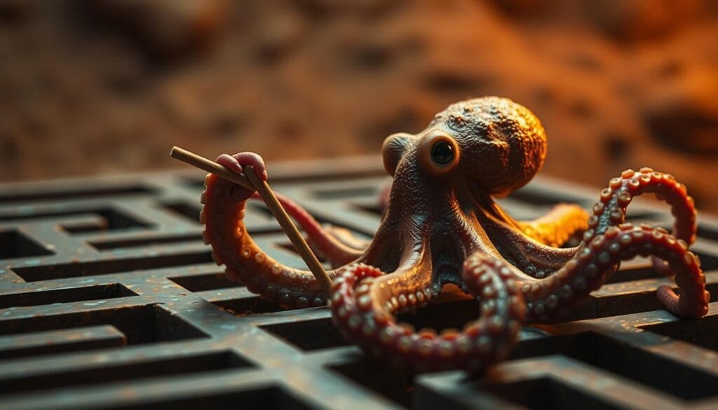 An octopus solving a maze, lit by warm, natural lighting from overhead. The octopus is carefully manipulating a tool, such as a stick or lever, to navigate the intricate pathways of the labyrinth. Its tentacles are extended, exploring the environment with a sense of focused determination. The maze is set against a subtly blurred, earthy background, emphasizing the octopus' problem-solving skills. The scene conveys a mood of intelligence, problem-solving, and the octopus' remarkable cognitive abilities.