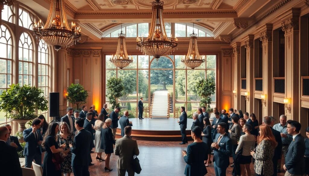 An opulent indoor event hall with high ceilings, ornate chandeliers, and large windows overlooking a lush, meticulously landscaped garden. The space is flooded with warm, soft lighting, creating a sophisticated and inviting atmosphere. A group of elegantly dressed academics converse in small clusters, sipping wine and discussing their research. In the center, a polished wooden stage stands ready to host a distinguished speaker or honored guest. The overall scene conveys a sense of intellectual refinement and academic prestige, perfectly suited for a prestigious graduation celebration.