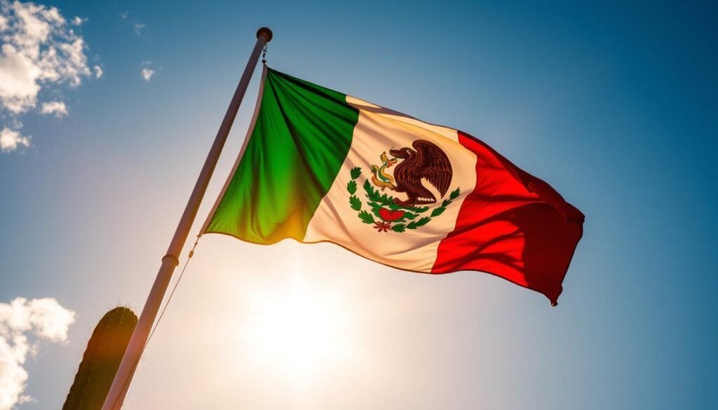 An ornate Mexican flag fluttering in the warm, golden sunlight, its bold colors of green, white, and red standing out vividly against a cloudless azure sky. The flag's emblem, the iconic eagle devouring a snake perched atop a prickly pear cactus, is rendered in intricate detail. The scene is captured from a low angle, emphasizing the flag's grand, imposing presence and instilling a sense of national pride. The overall mood is one of patriotism, heritage, and the unique cultural identity of Mexico.