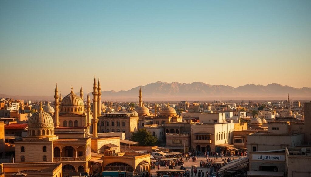 An ornate Ottoman-era cityscape of Tripoli, Libya, bathed in warm, golden light. Domed mosques and minarets rise above a warren of whitewashed buildings, their facades adorned with intricate Islamic architectural flourishes. In the foreground, a bustling marketplace filled with merchants and wares, while in the distance, the rugged peaks of the Saharan desert loom on the horizon, hinting at the vast, arid landscapes that encompass most of the country. A sense of timeless history and cultural richness pervades the scene, capturing the transition from Ottoman to Italian colonial rule.