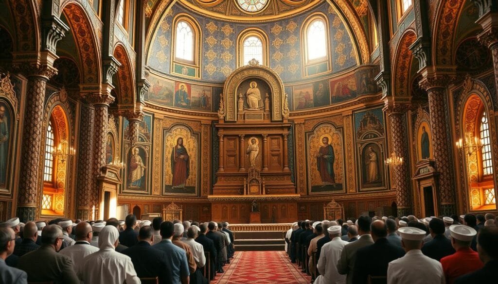 An ornate interior of an Ethiopian Orthodox church, with intricate mosaics, gilded iconostasis, and warm lighting filtering through stained glass windows. In the center, a grand, wooden Ark of the Covenant stands atop a raised dais, its ancient, sacred form commanding the space. Worshippers kneel in reverence, their robes and halos evoking the timeless mysticism of this ancient Christian tradition. The atmosphere is one of profound spirituality and unwavering devotion, capturing the essence of Ethiopia's unbroken faith and its uncolonized heritage.