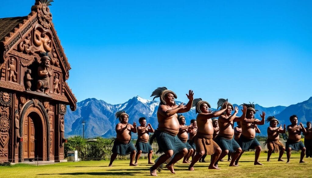 An ornate, intricately carved Maori meetinghouse (wharenui) stands proudly in the foreground, its intricate patterns and figures reflecting the rich cultural heritage of the indigenous people of Aotearoa (New Zealand). In the middle ground, a group of Maori warriors perform a traditional haka, their bodies moving with power and grace, their facial expressions fierce and determined. In the background, a rugged, mountainous landscape stretches out, the sky a deep, vivid blue, suggesting the natural beauty and grandeur of this island nation. The overall scene conveys a sense of cultural pride, strength, and the enduring spirit of the Maori people, who have maintained their traditions and identity in the modern world. An ornate, intricately carved Maori meetinghouse (wharenui) stands proudly in the foreground, its intricate patterns and figures reflecting the rich cultural heritage of the indigenous people of Aotearoa (New Zealand). In the middle ground, a group of Maori warriors perform a traditional haka, their bodies moving with power and grace, their facial expressions fierce and determined. In the background, a rugged, mountainous landscape stretches out, the sky a deep, vivid blue, suggesting the natural beauty and grandeur of this island nation. The overall scene conveys a sense of cultural pride, strength, and the enduring spirit of the Maori people, who have maintained their traditions and identity in the modern world.