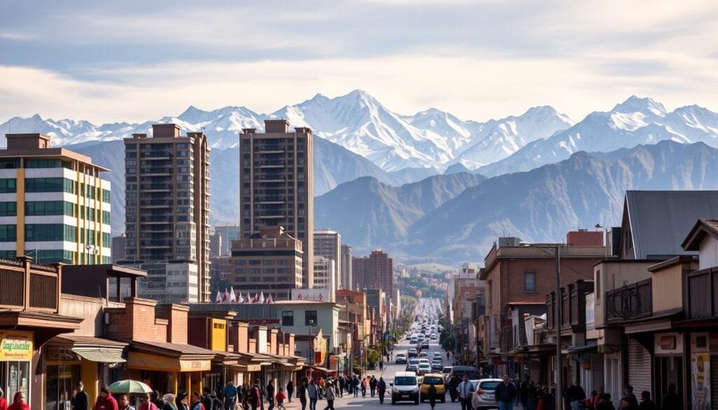 An urban landscape set in the high-altitude city of El Alto, Bolivia, where the built environment is juxtaposed against the dramatic Andean peaks. In the foreground, a bustling street scene with colorfully dressed locals going about their daily lives, with traditional architecture and shops lining the streets. The middle ground features tall, modern apartment buildings and office structures, their geometric forms contrasting with the rugged mountains in the distance. The background showcases the majestic Andes, their snow-capped summits piercing the clear, crisp sky. Warm, diffused lighting bathes the scene, creating a sense of tranquility amidst the active urban setting, at an elevation exceeding 4,000 meters above sea level.