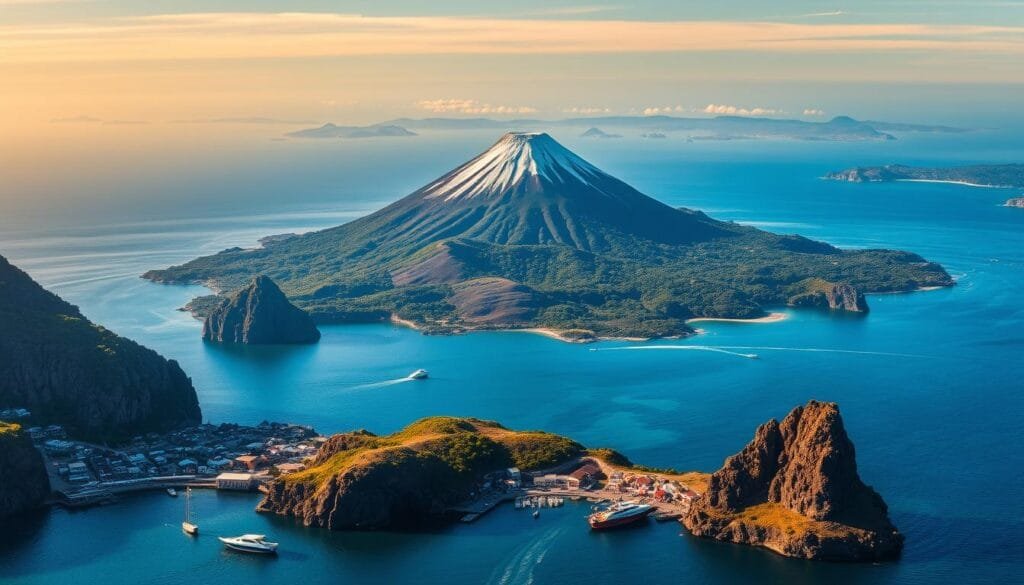Archipiélago y volcanes: A breathtaking landscape of rugged volcanic islands, rising majestically from azure waters. In the foreground, a picturesque harbor nestles between craggy cliffs, with traditional fishing boats bobbing on the gentle waves. The middle ground features a towering, snow-capped volcano, its slopes cloaked in a tapestry of lush, verdant forests. In the distance, a chain of smaller islands dot the horizon, their silhouettes painted against a vibrant, golden sunset sky. Diffused natural light casts a warm, ethereal glow over the entire scene, evoking a sense of tranquility and timeless wonder. Captured through the lens of a wide-angle, high-resolution camera, this image celebrates the breathtaking geography of this island nation.