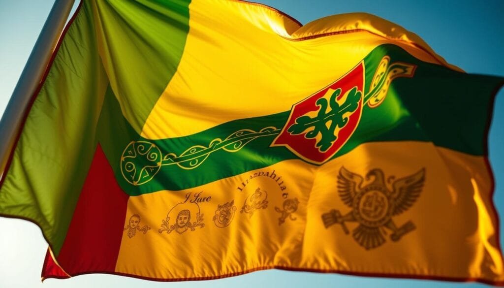 Bandera: A Vibrant Symbol of Lithuanian Culture A magnificent flag billowing in the gentle breeze, its bold colors of yellow, green, and red evoke the verdant landscapes and rich heritage of Lithuania. In the foreground, intricate patterns and motifs dance across the fabric, reflecting the country's deep-rooted pagan traditions and the enduring influence of Christianity. The flag serves as a canvas, blending ancient symbols and modern aesthetics to create a captivating visual representation of Lithuania's cultural identity. The scene is illuminated by warm, natural lighting, capturing the timeless essence of this national symbol. Captured from a low, dynamic angle, the bandera stands tall and proud, commanding attention and evoking a sense of national pride and spiritual connection.