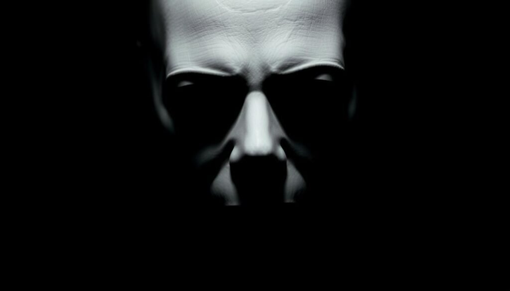 Blank, emotionless countenance exuding unsettling calm, pale and angular features shrouded in stark shadows, piercing eyes void of humanity, the essence of pure dread distilled into an expressionless visage. Crisp lighting accentuates the angular planes, creating a chiaroscuro effect that heightens the sense of menace. Tight framing isolates the haunting face, drawing the viewer into its unsettling gaze, the unknown lurking beneath the mask's impassive facade. Evocative of the iconic Michael Myers mask, a symbol of the nameless, faceless evil that stalks its prey, evoking primal fears of the inexplicable and the unstoppable.