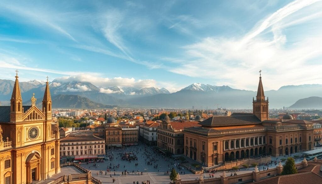 Capture the grandeur and historical significance of "patrimonio cultural" - a stunning vista of ancient architecture and natural wonders. In the foreground, a centuries-old cathedral stands majestically, its intricate stonework and ornate spires bathed in warm, golden light. In the middle ground, a bustling town square teems with life, people wandering amid colorful markets and historic buildings. Towering mountains rise in the distance, their peaks capped with snow and shrouded in wispy clouds. The overall scene conveys a sense of timeless wonder, a harmonious blend of humanity's architectural triumphs and nature's enduring beauty. Shoot this panorama with a wide-angle lens to showcase the full grandeur, capturing the awe-inspiring scale of this "patrimonio cultural" masterpiece.