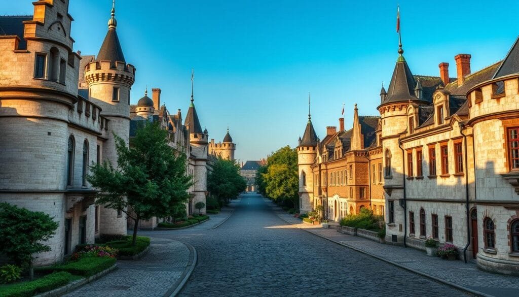 Castles along a kilometer-long street, a medieval fairytale frozen in time. Intricate turrets and ramparts stand tall, their weathered stone facades bathed in warm afternoon light. Cobblestone pathways wind between the stately buildings, inviting exploration of this enchanting urban landscape. Lush trees and blooming flowers add pops of vibrant color, creating a serene, picturesque atmosphere. Soft shadows and gentle highlights accentuate the architectural details, giving the scene a sense of depth and dimension. Shoot with a wide-angle lens to capture the full grandeur of this historical Belgian cityscape, a breathtaking example of preserved medieval heritage.