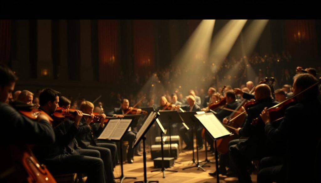 Cinematic orchestral score with a dynamic, pulsing rhythm. A symphony of sound, the musical heartbeat of the story. Layers of strings, brass, and percussion intertwine, creating a vibrant, emotive backdrop. Dramatic lighting casts long shadows, evoking a sense of tension and suspense. The composition unfolds with a sweeping, cinematic scope, capturing the essence of the narrative. Depth of field blurs the background, keeping the focus on the rich, textured instrumentation. The overall mood is intense, captivating the viewer and drawing them into the world of the comic book universe.
