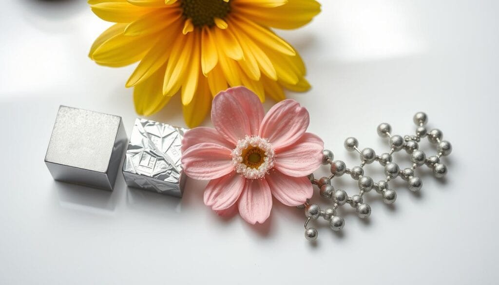 Comparativa metales ligeros: a detailed overhead view of an array of lightweight metal samples, arranged on a clean, reflective surface. The samples include titanium, aluminum, magnesium, and aerographene - a material so light it appears to be floating atop a delicate flower. Crisp, even studio lighting accentuates the materials' luster, texture, and density variations. A sense of scientific inquiry pervades the scene, inviting the viewer to closely examine and compare the unique properties of these remarkable substances. Comparativa metales ligeros: a detailed overhead view of an array of lightweight metal samples, arranged on a clean, reflective surface. The samples include titanium, aluminum, magnesium, and aerographene - a material so light it appears to be floating atop a delicate flower. Crisp, even studio lighting accentuates the materials' luster, texture, and density variations. A sense of scientific inquiry pervades the scene, inviting the viewer to closely examine and compare the unique properties of these remarkable substances.