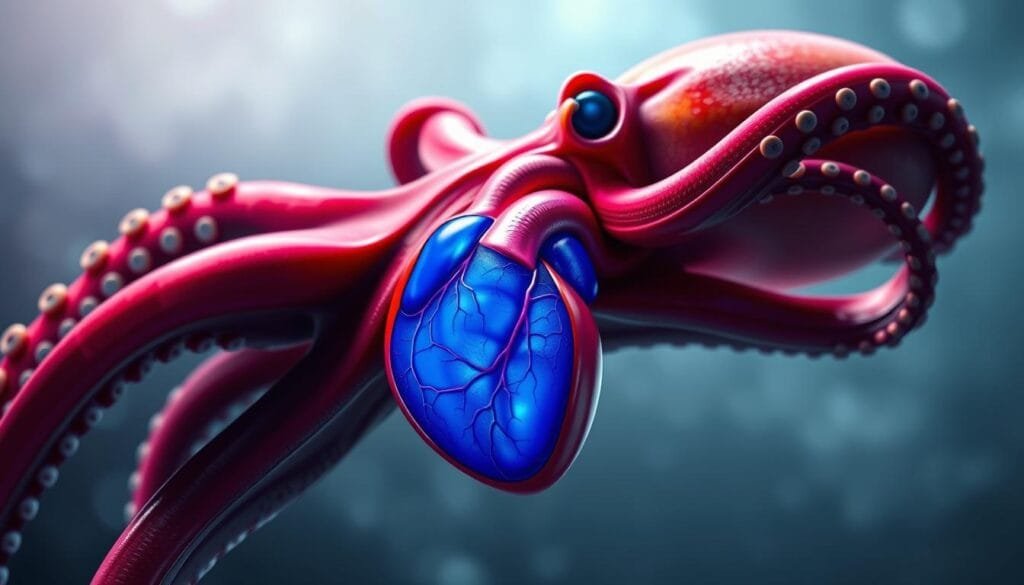 Corazón sistémico pulpo: A vibrant, anatomically detailed illustration showcasing the unique three-heart circulatory system of an octopus. In the foreground, a cross-sectional view reveals the intricate network of vessels and chambers, pulsing with vivid blue-hued blood. The middle ground features the octopus's elongated tentacles, their suckers and musculature captured in lifelike precision. The background subtly blends into an abstract, ethereal realm, evoking the mysterious nature of these remarkable cephalopods. Dramatic low-angle lighting casts dramatic shadows, highlighting the complexity of the octopus's circulatory adaptations. Rendered in a meticulously realistic style, this image aims to captivate and educate the viewer about the remarkable biology of these intelligent, alien-like creatures.