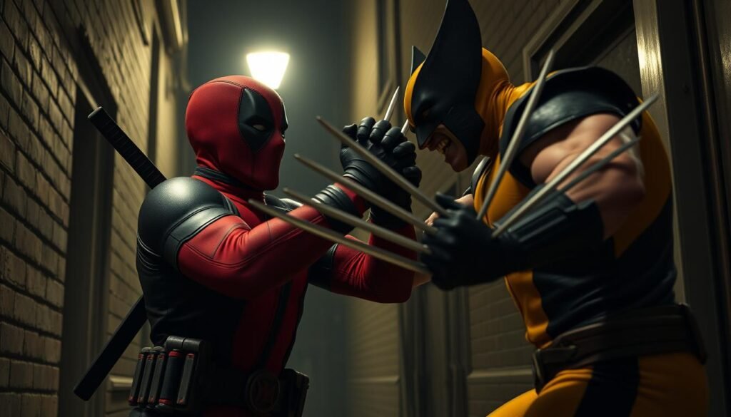Deadpool and Wolverine locked in an intense battle, claws clashing, swords slashing, in a dimly lit, gritty alleyway. Deadpool's red and black suit stands out against the muted tones of the background, while Wolverine's adamantium claws gleam under a streetlight. The scene is charged with energy, a clash of two formidable Marvel heroes, their expressions fierce and determined. Dramatic shadows and highlights create a moody, cinematic atmosphere, hinting at the high stakes and consequences of their confrontation. The overall tone is one of desperate conflict, a pivotal moment in the story where only one will emerge victorious.