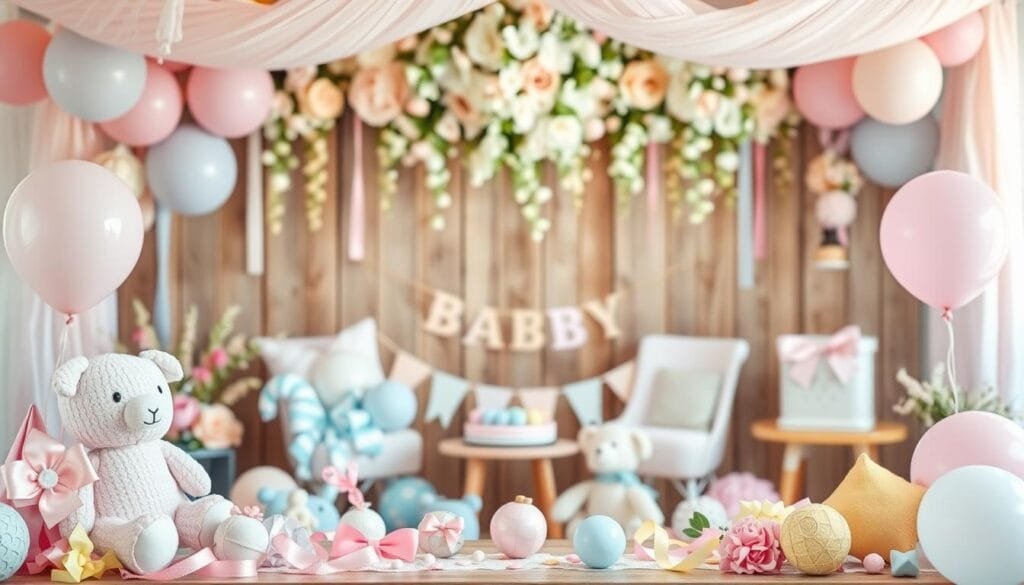 Decorative baby shower scene with gender-neutral elements. Soft, pastel colors throughout. Foreground features a variety of baby shower decorations - plush toys, balloons, ribbons, and garlands in shades of pink, blue, and yellow. Middle ground has a wooden backdrop with hanging floral arrangements. Background has a warm, natural lighting with a blurred effect, creating a cozy, intimate atmosphere. Composition is balanced and symmetrical, drawing the eye to the center. The overall vibe is whimsical, celebratory, and inclusive of both baby girls and boys.