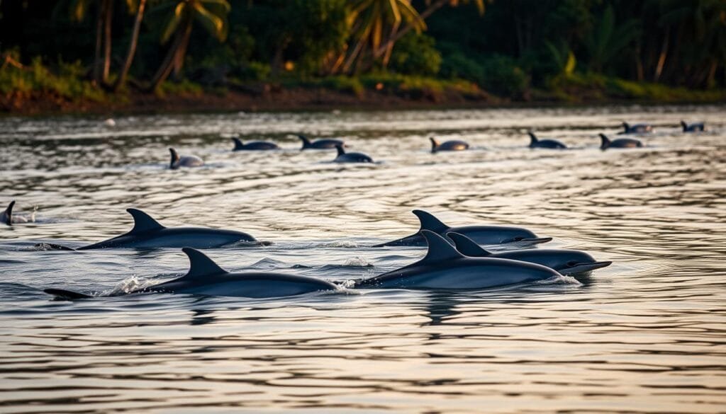 Delfines irrawaddy nadando pacíficamente en un río sinuoso, rodeados por una exuberante selva tropical. La luz del atardecer crea un ambiente cálido y dorado, reflejándose en las aguas tranquilas. Los delfines se deslizan con gracia, exhibiendo su característico color grisáceo y sus aletas suaves. En el fondo, altos árboles frondosos crean una atmósfera de refugio y abundancia natural. La escena transmite serenidad y la armonía entre la fauna y el entorno selvático.