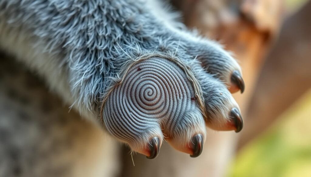 Detailed close-up of koala paw with fingerprints, shot in natural lighting with a high-resolution macro lens. The koala's pad and toe pads are clearly visible, showcasing the intricate, unique patterns that resemble human fingerprints. The image is sharp, in focus, and captures the textures and subtle ridges of the skin. The background is blurred, keeping the viewer's attention on the incredible detail of the koala's paw. The overall mood is one of scientific fascination, inviting the viewer to closely examine this surprising biological similarity between koalas and humans.