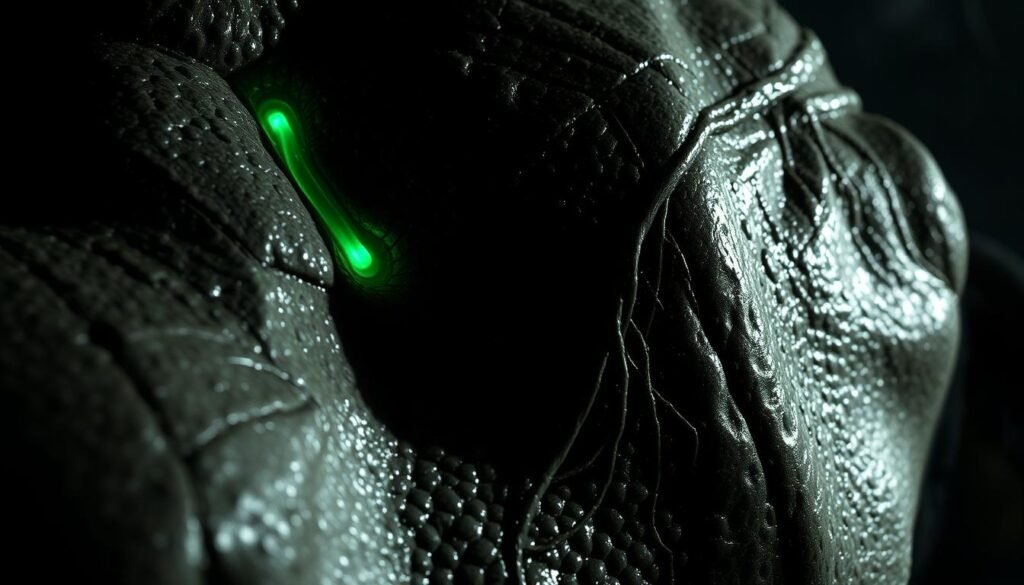 Detailed close-up of the dorsal blood vessels of an alien creature, rendered with photorealistic quality. The vessels are prominent, pulsing with a luminescent green-blue hue against the mottled, textured skin. Dramatic side lighting casts deep shadows, creating an ominous, unsettling atmosphere. The image is framed tightly, focusing the viewer's attention on the alien's alien biology. The texture and form of the vessels are captured with precision, conveying a sense of the creature's otherworldly, inhuman nature. The overall effect is both visually striking and scientifically evocative.