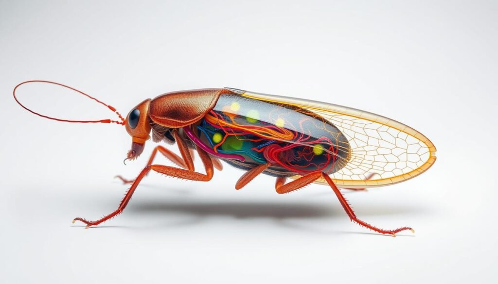 Detailed cross-sectional illustration of a cockroach's intricate nervous system, rendered with scientific accuracy and clarity. Vibrant colors highlight the complex neural pathways, ganglia, and sensory organs that enable their remarkable resilience. Precise anatomical details are showcased in a clean, well-lit studio setting, captured from a medium camera angle to provide an informative, educational perspective. The overall tone is clinical yet visually captivating, emphasizing the biological underpinnings of the cockroach's legendary survival capabilities.