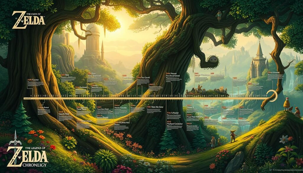 Detailed digital illustration of the official The Legend of Zelda chronology, presented as an intricately organized timeline flowing through a mystical, forest-like environment. The foreground features a central timeline with key events and titles arranged in a cohesive, visually striking manner. The middle ground showcases lush, vibrant foliage, ancient trees, and whimsical flora native to the Zelda universe. The background subtly blends fantasy landscapes, iconic landmarks, and thematic elements that evoke the series' rich storytelling. Warm, natural lighting casts an enchanting glow, while the composition maintains a sense of depth, balance, and visual harmony to capture the essence of this legendary franchise's official chronology.