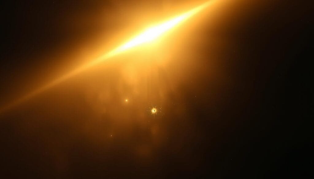 Detailed image of a beam of bright, warm, cosmic light streaming through a dark, hazy atmosphere. The light has a slightly golden, ethereal glow, casting a soft, diffused illumination on the surrounding space. In the middle ground, faint, wispy galaxies and celestial bodies emerge from the mist, their forms and structures hinted at but not fully revealed. The background is a deep, inky blackness, punctuated by the occasional twinkling star. The overall mood is contemplative, serene, and evocative of the vast, mysterious nature of the cosmos.