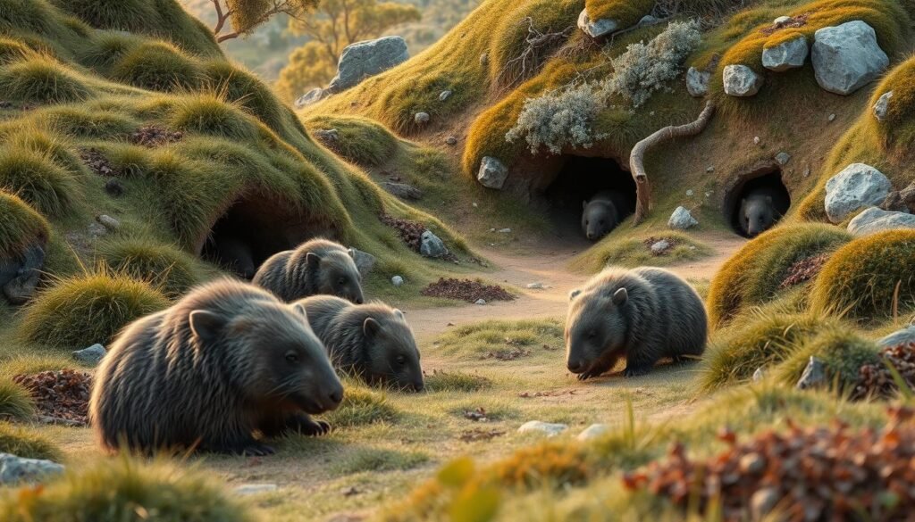Detailed scene of wombat territory, featuring a well-defined landscape with grassy knolls, rocky outcrops, and lush foliage. In the foreground, several wombats casually deposit their iconic cubic scat, highlighting their unique defecation behavior. The middle ground reveals their burrow entrances, showcasing how they utilize their habitat. The background depicts a serene, naturalistic setting with soft, warm lighting, creating an atmospheric and immersive composition that visually communicates the section's theme.
