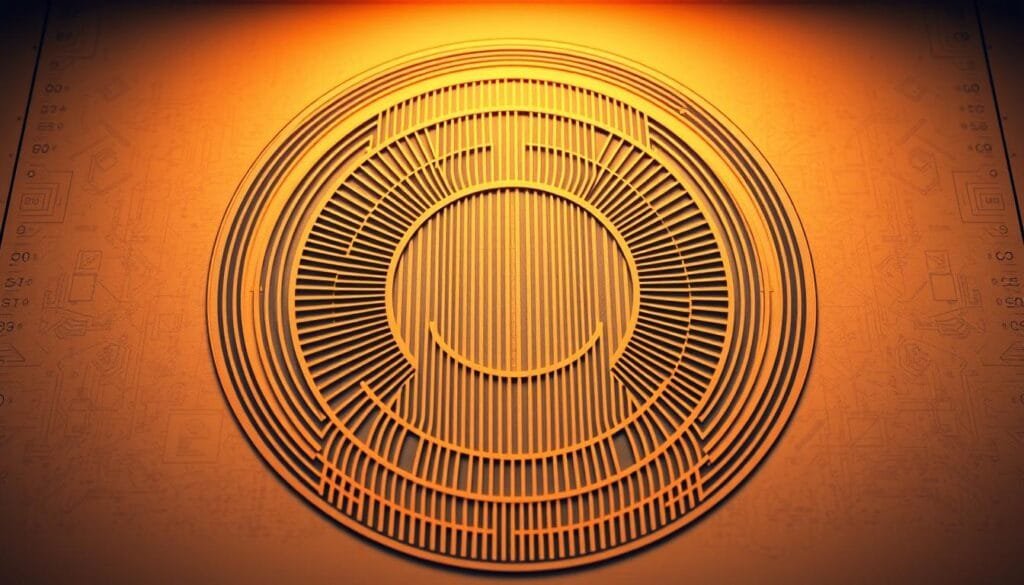 Detailed technical patent diagram showcasing a concentric circular barcode design, with crisp clean lines and precise geometric patterns. Sleek, minimalist, and expertly engineered. Warm studio lighting illuminates the intricate contours, casting subtle shadows that accentuate the depth and dimensionality. Captured at a medium range, the composition fills the frame, with the central design element occupying the majority of the image space. A professional, high-quality technical illustration, devoid of any extraneous details or text, capturing the essence of this pioneering barcode innovation.