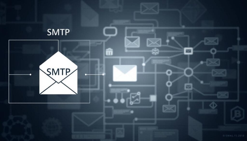 Detailed technical schematic of email protocols and standards, featuring a sleek and minimalist aesthetic. In the foreground, a clean diagram showcasing the SMTP (Simple Mail Transfer Protocol) and RFC-822 (Request for Comments 822) standards, with clean lines and geometric shapes. In the middle ground, a series of interconnected nodes and network diagrams illustrating the flow of data and communication between email servers and clients. The background features a subtle, muted color palette and a sense of depth, conveying the complex and interconnected nature of modern email infrastructure. Soft lighting and a slightly futuristic tone create an authoritative and informative visual representation of "protocolos de correo."